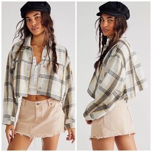 FREE PEOPLE Swing Flight Plaid Cropped Wool Blend Jacket L